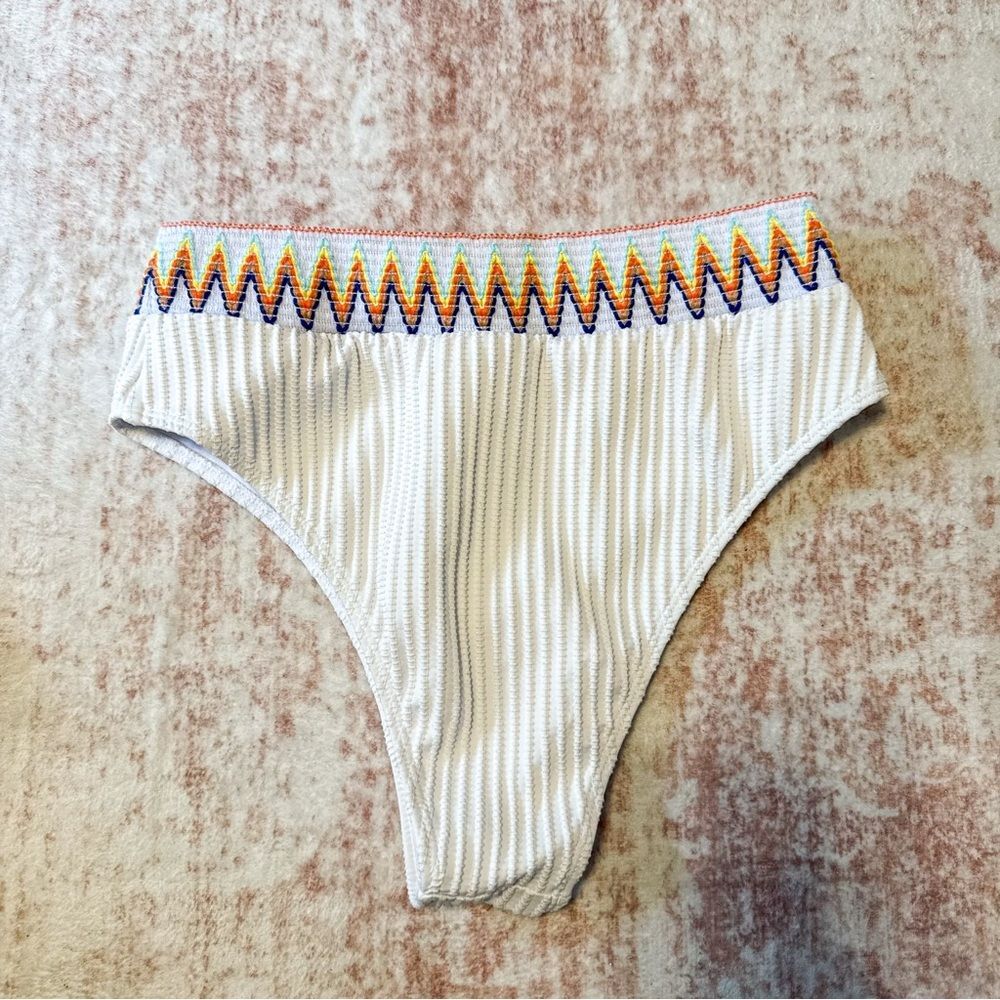 Textured Ribbed Bikini Set White Colorful Zigzag Trim High Waisted Size L - Picture 6 of 8